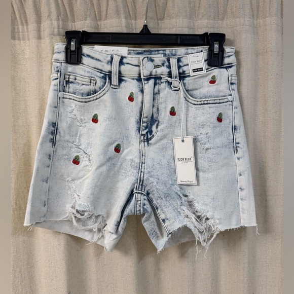 Judy Blue Light Wash Distressed Jean Shorts with Cherry Embroidery - Picture 1 of 7